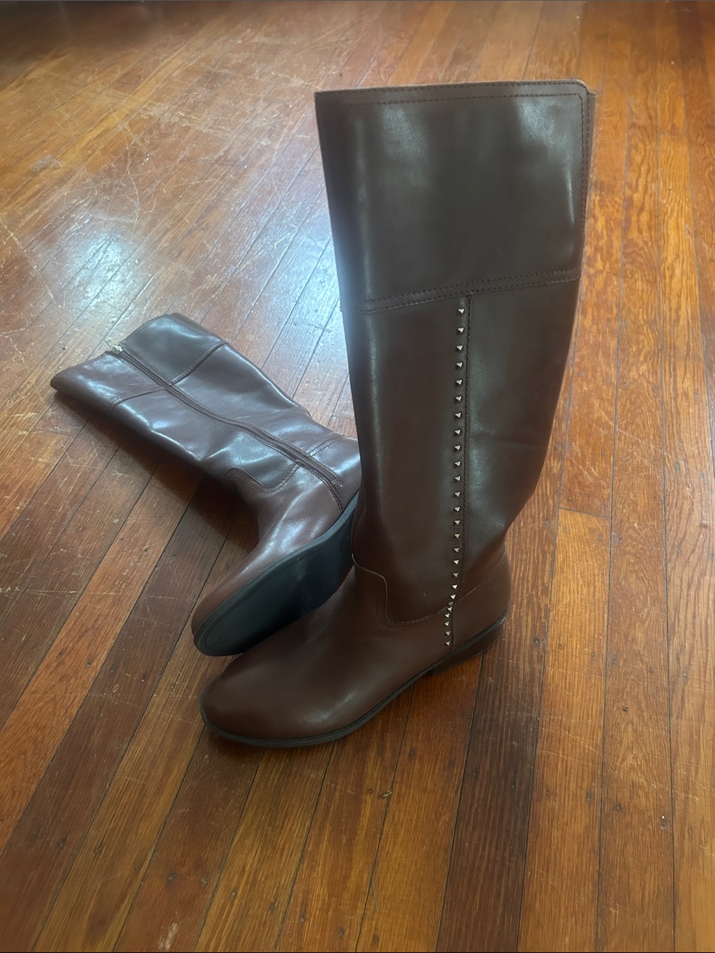 Marc Fisher Brown Leather Stud-Trim Knee Boots